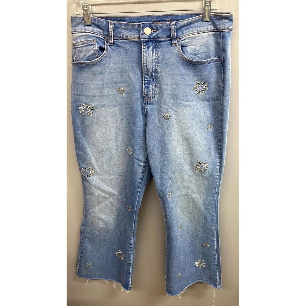 Copper Flash Cropped Flare Jeans Womens 10 Blue Denim Embellished Gem Raw Hem